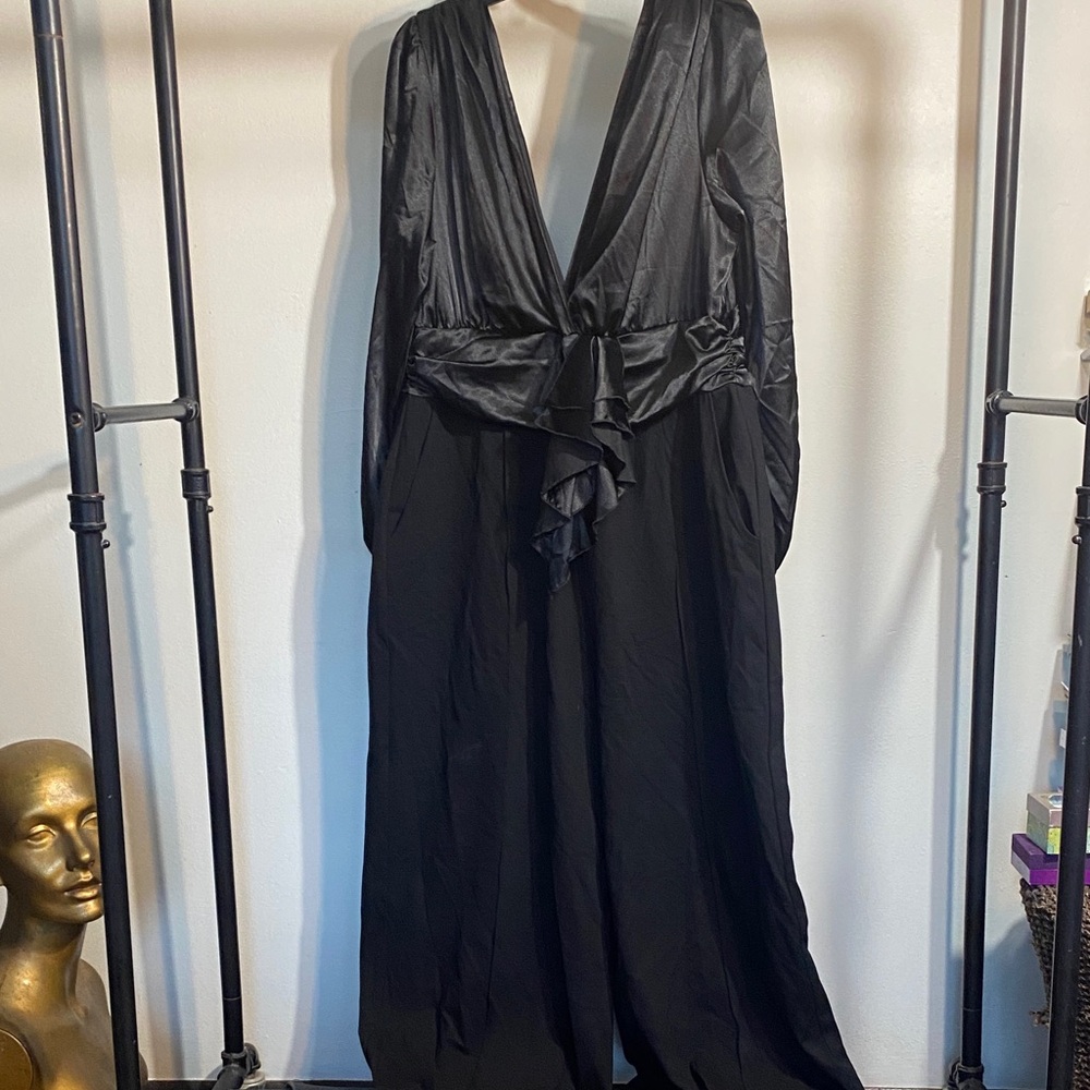 Kiyonna Satin Black Jumpsuit with Deep V-Neck